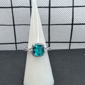 Elegant Rhodium Plating and Lab Created Dark Aquamarine Gemstone Ring